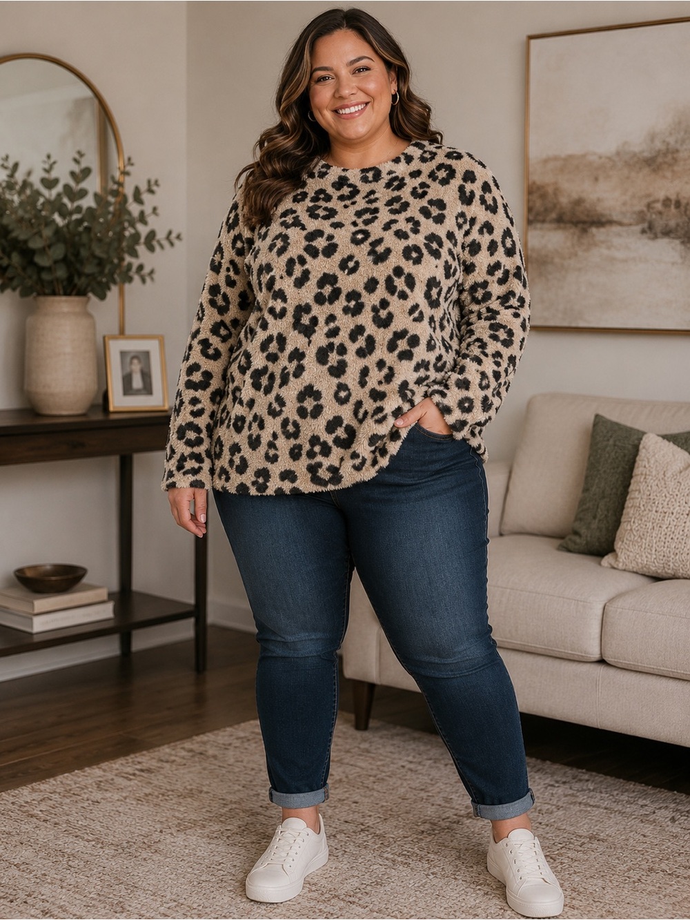 🆕🎉NWT Cozy Fleece-like Leopard Crewneck Sweater - Beige/Black